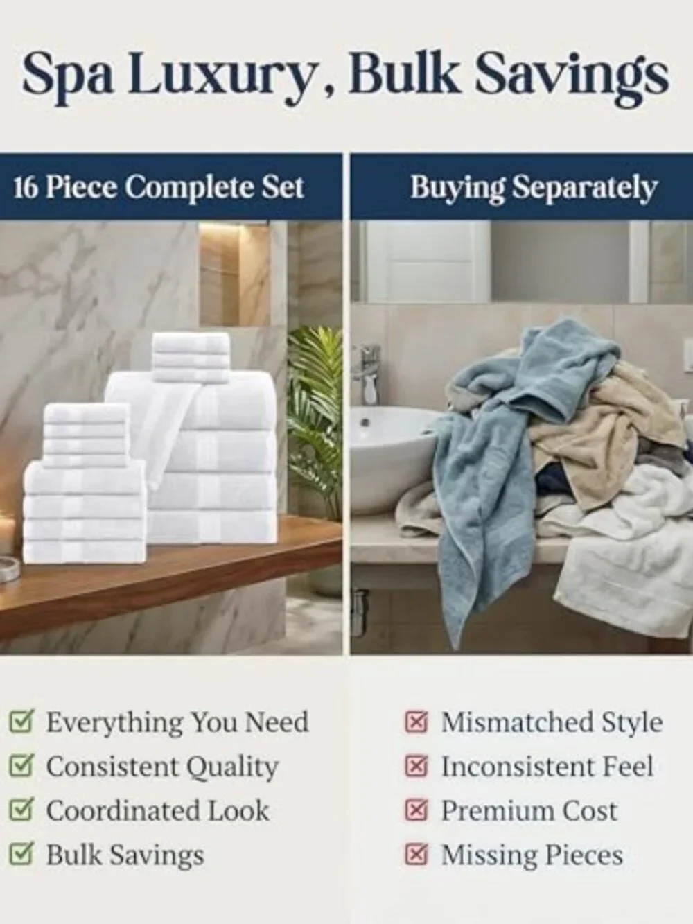 Soft Absorbent 100% Cotton Bath Towel Set - 16 Piece Linen Collection, White